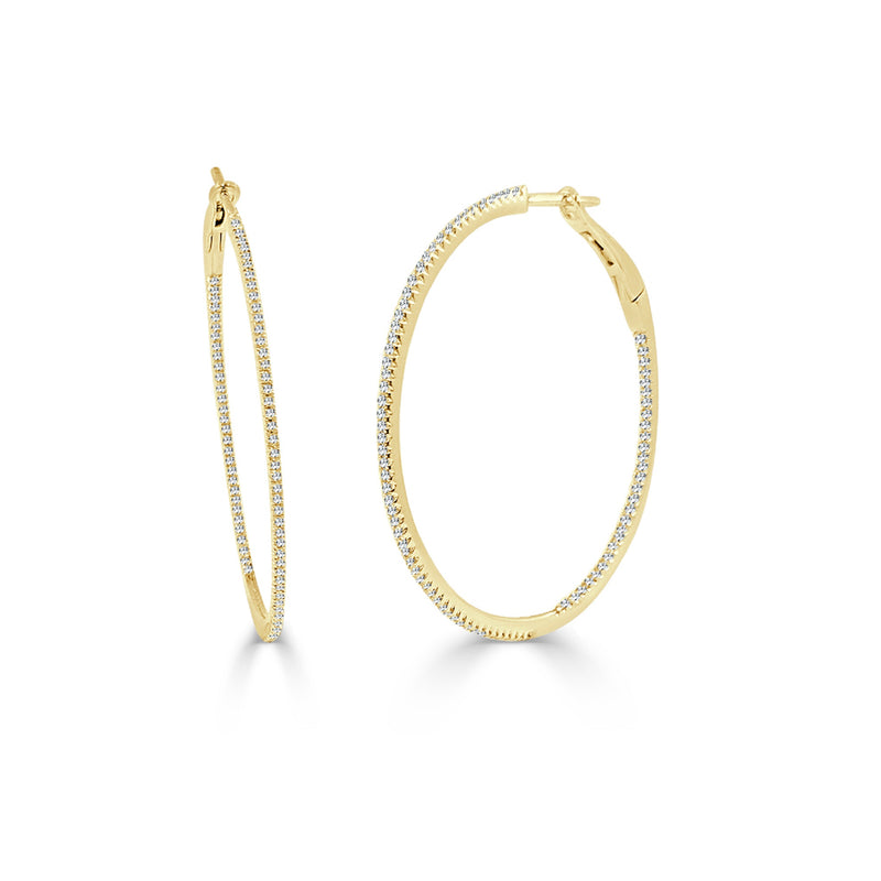 14k Yellow Gold & Diamond Skinny Hoop Earrings 1.5