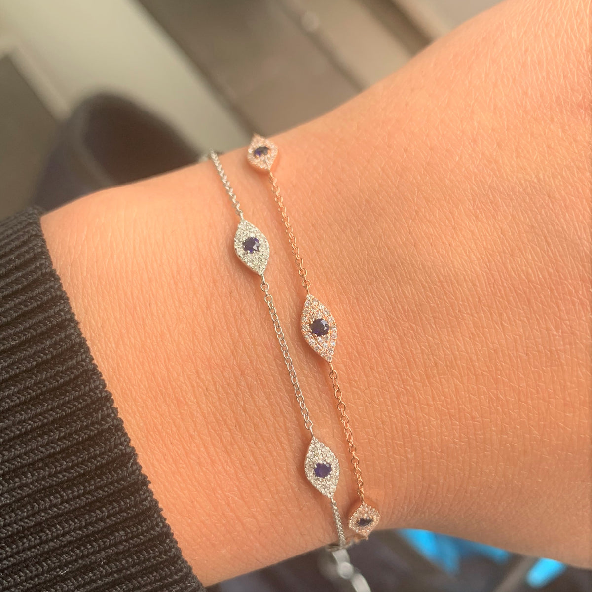 14k White Gold, Sapphire &  Diamond Evil Eye Bracelet