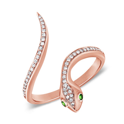 Diamond & Tsavorite Snake Ring in 14k Rose Gold