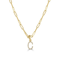 Diamond Paperclip Initial C Necklace in 14K Yellow Gold