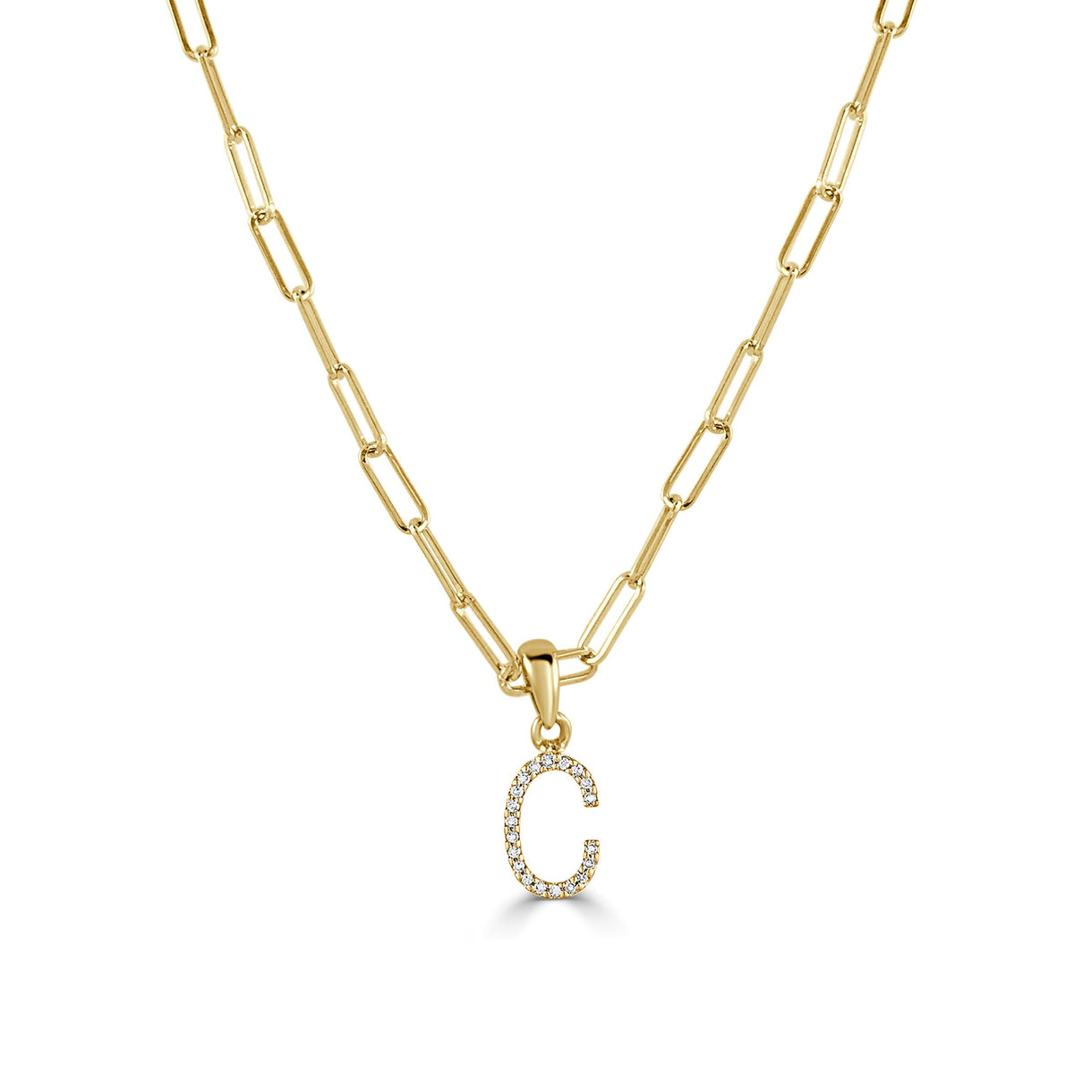 Diamond Paperclip Initial C Necklace in 14K Yellow Gold