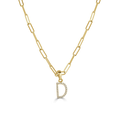 Diamond Paperclip Initial D Necklace in 14K Yellow Gold