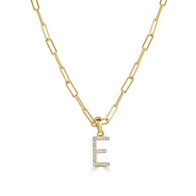 Diamond Paperclip Initial E Necklace in 14K Yellow Gold