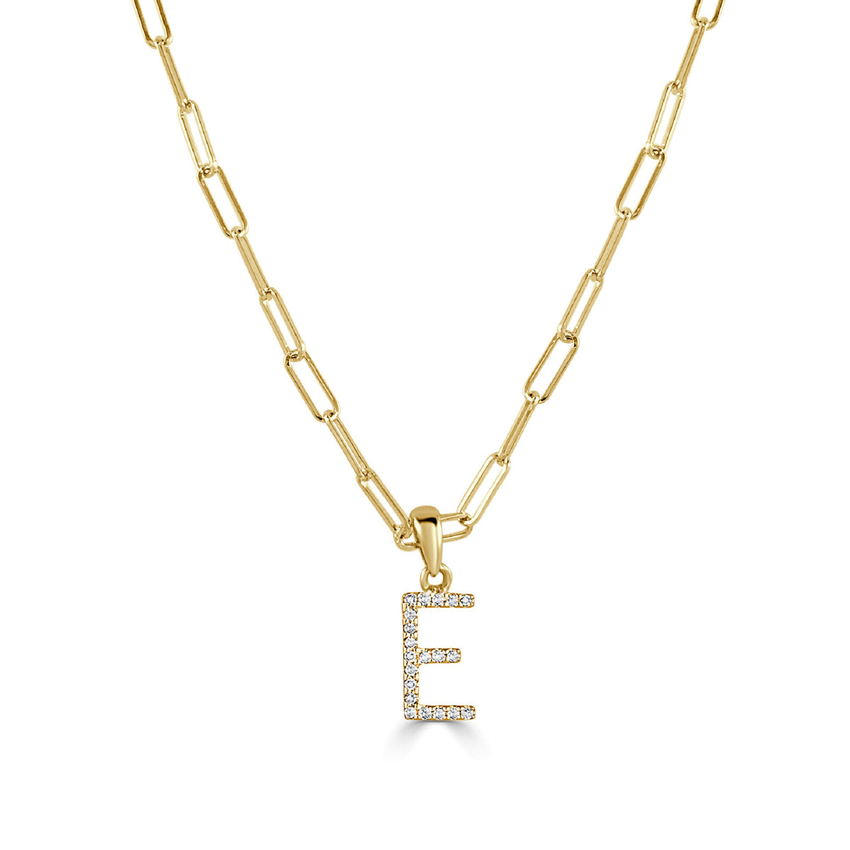 Diamond Paperclip Initial E Necklace in 14K Yellow Gold