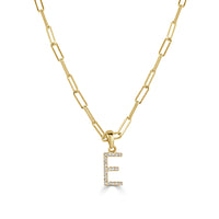 Diamond Paperclip Initial E Necklace in 14K Yellow Gold