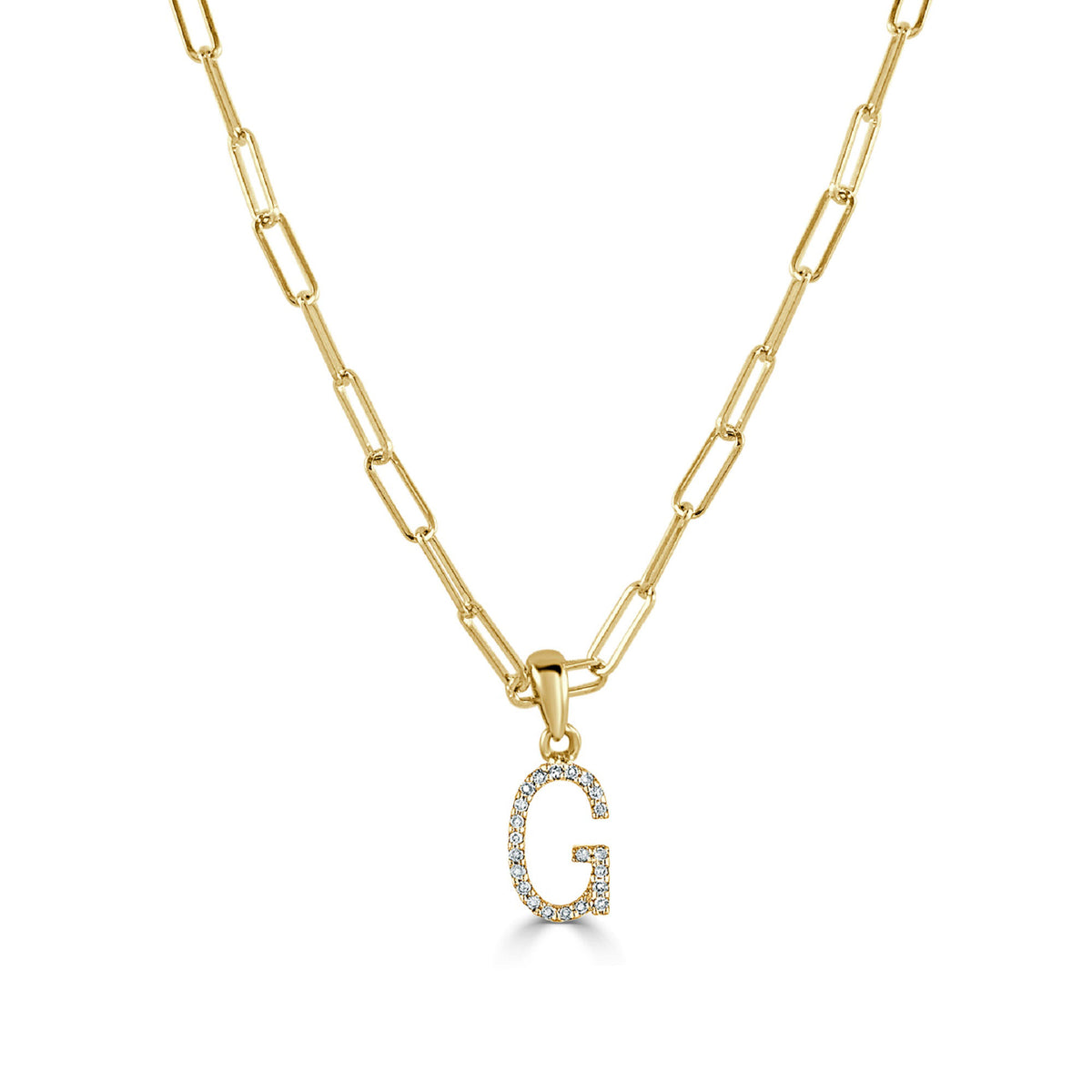 Diamond Paperclip Initial G Necklace in 14K Yellow Gold