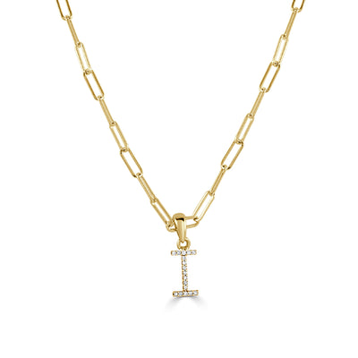 Diamond Paperclip Initial I Necklace in 14K Yellow Gold