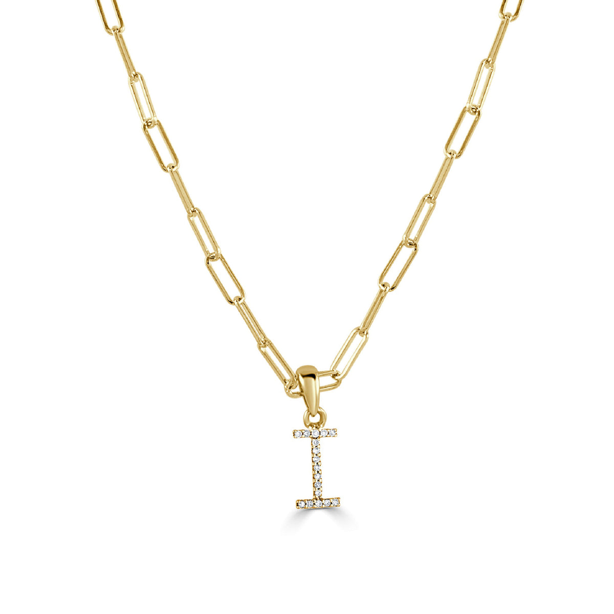 Diamond Paperclip Initial I Necklace in 14K Yellow Gold