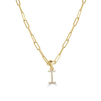 Diamond Paperclip Initial I Necklace in 14K Yellow Gold