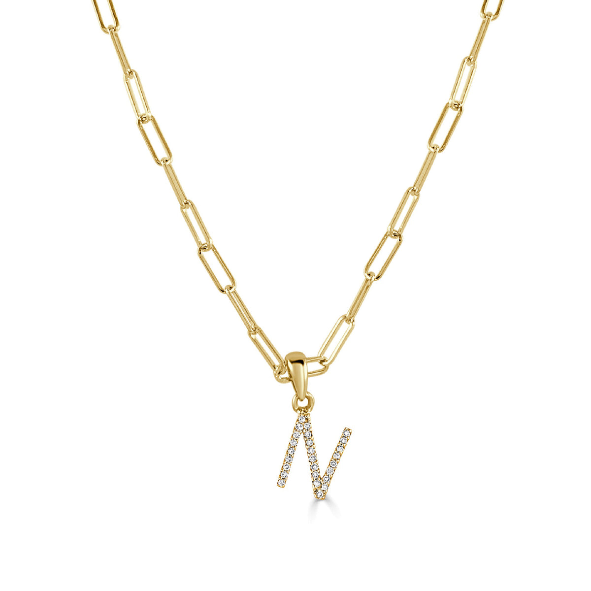 Diamond Paperclip Initial N Necklace in 14K Yellow Gold