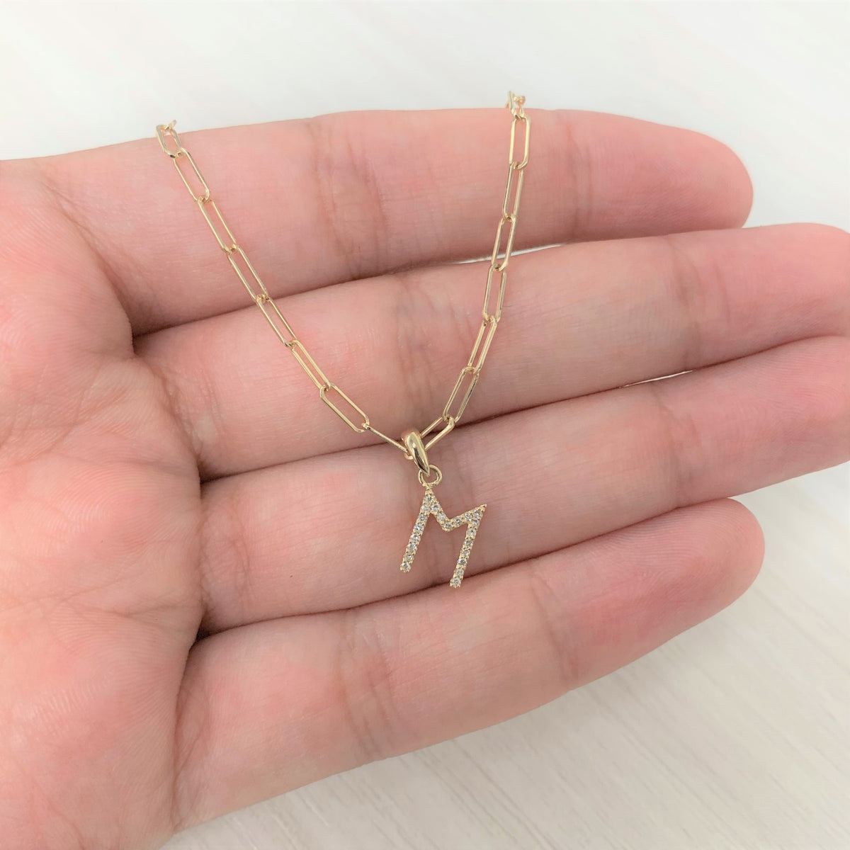 Diamond Paperclip Initial N Necklace in 14K Yellow Gold