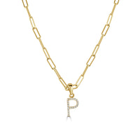 Diamond Paperclip Initial P Necklace in 14K Yellow Gold