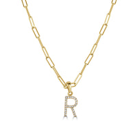 Diamond Paperclip Initial R Necklace in 14K Yellow Gold