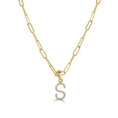 Diamond Paperclip Initial S Necklace in 14K Yellow Gold