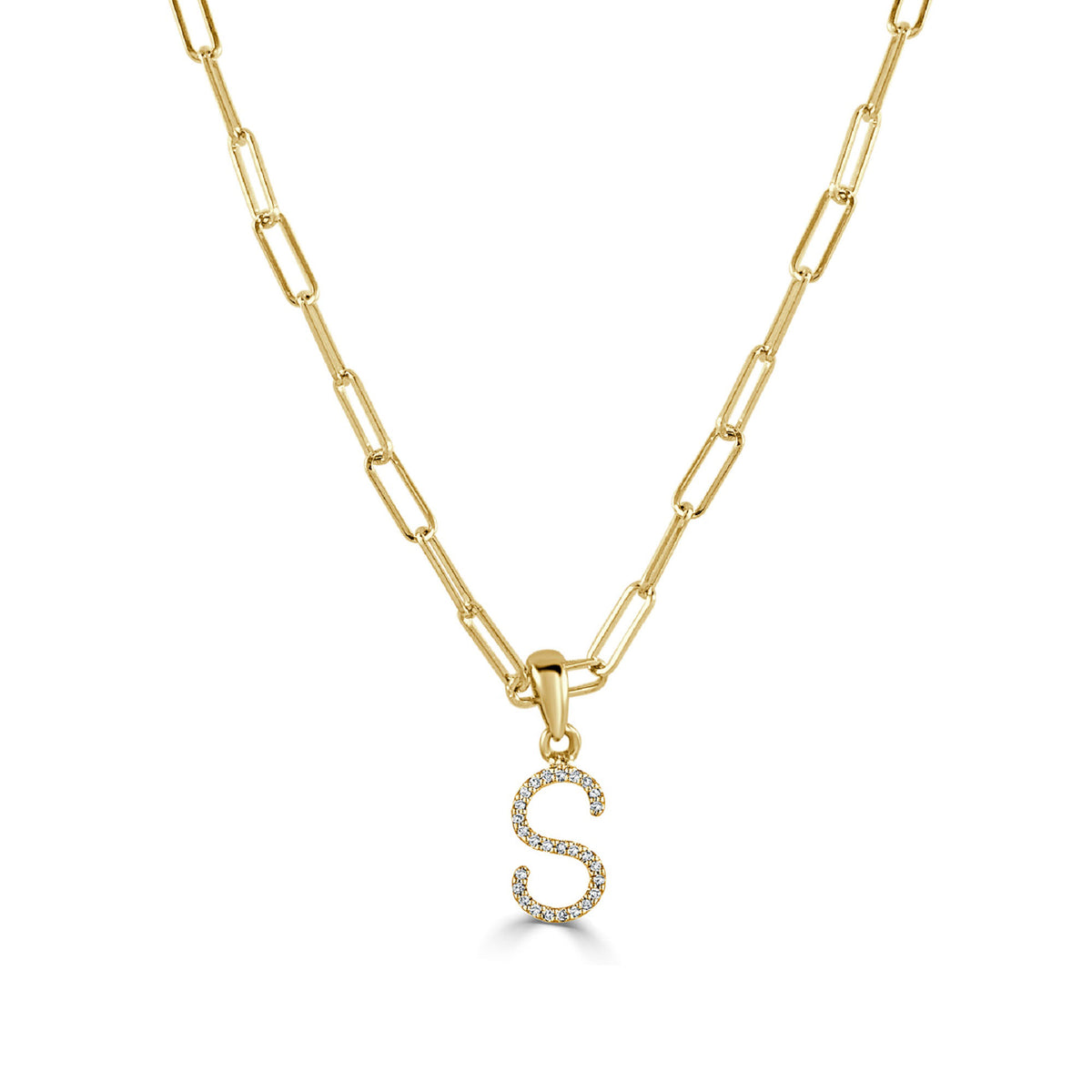 Diamond Paperclip Initial S Necklace in 14K Yellow Gold