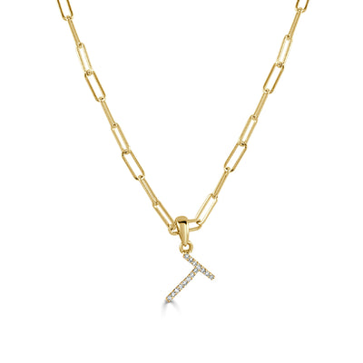 Diamond Paperclip Initial T Necklace in 14K Yellow Gold