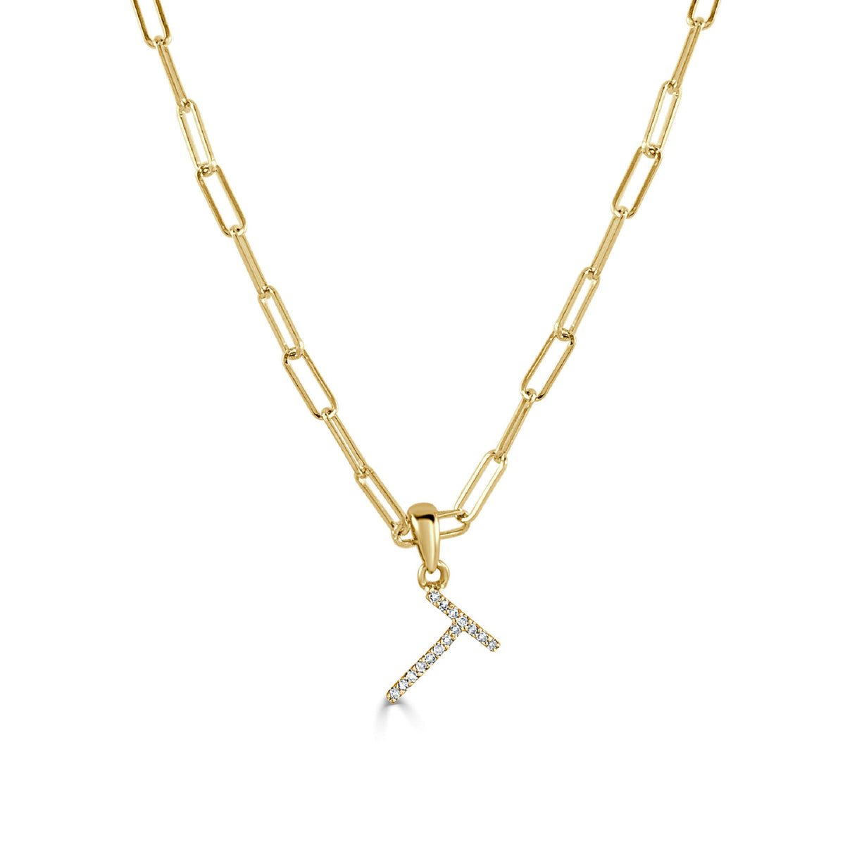 Diamond Paperclip Initial T Necklace in 14K Yellow Gold