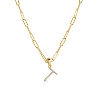 Diamond Paperclip Initial T Necklace in 14K Yellow Gold