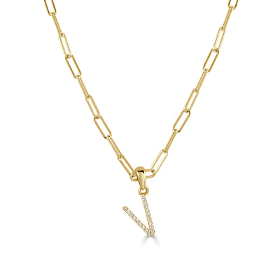 Diamond Paperclip Initial V Necklace in 14K Yellow Gold