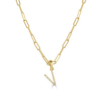 Diamond Paperclip Initial V Necklace in 14K Yellow Gold