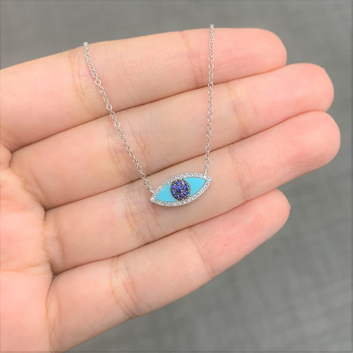 Diamond Turquoise Evil Eye Necklace in 14K Rose Gold