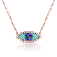 Diamond Turquoise Evil Eye Necklace in 14K Rose Gold