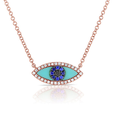 Diamond Turquoise Evil Eye Necklace in 14K Rose Gold