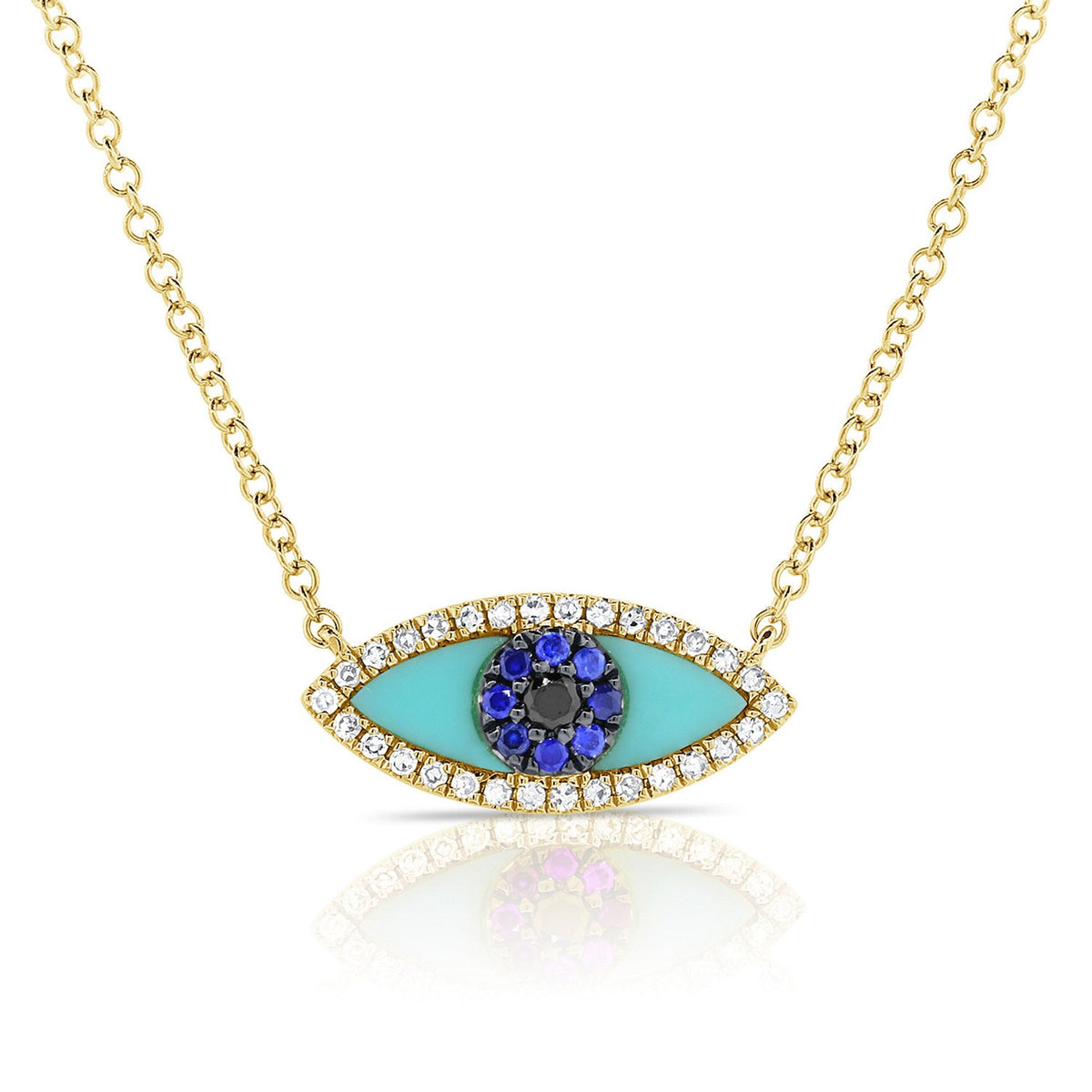 Diamond & Turquoise Evil Eye Necklace in 14K Yellow Gold