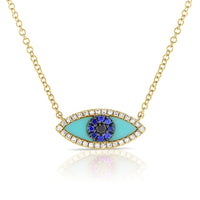 Diamond & Turquoise Evil Eye Necklace in 14K Yellow Gold