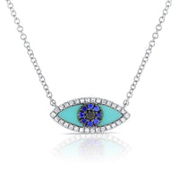 Diamond Turquoise Evil Eye Necklace in 14K White Gold