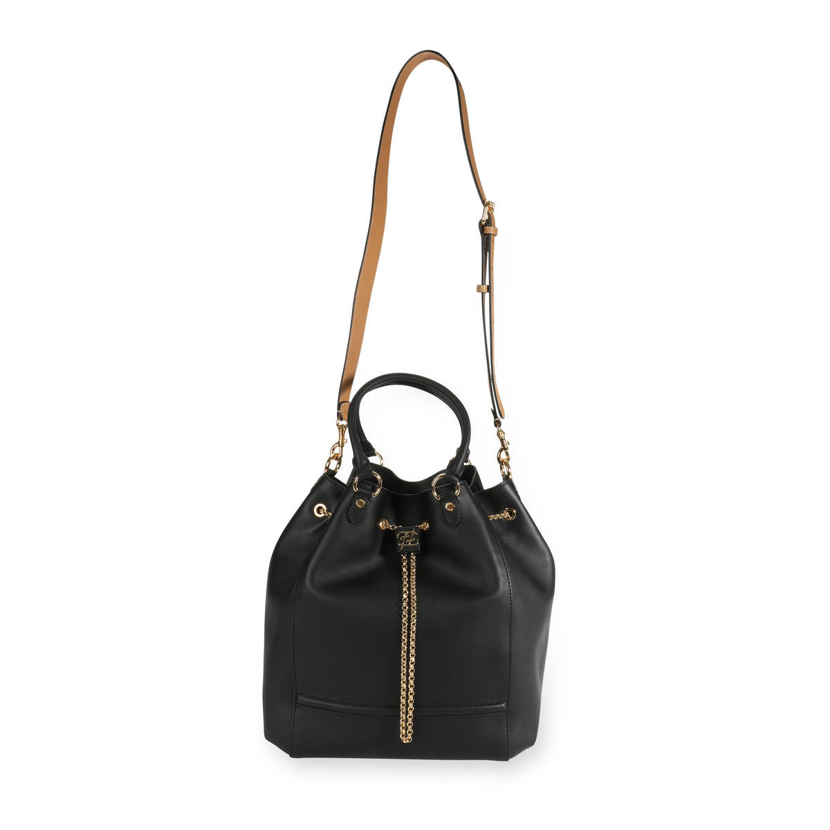 Black Vitello Leather Karligraphy Chain Bucket Bag