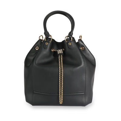 Black Vitello Leather Karligraphy Chain Bucket Bag