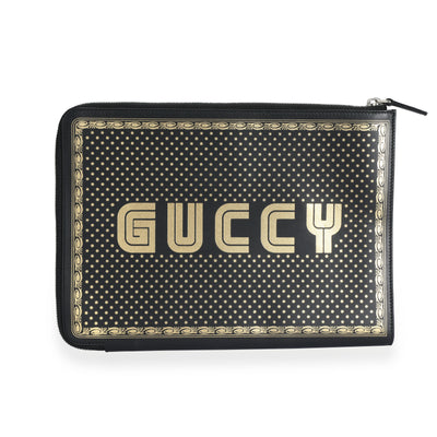 Gucci Black & Gold Magnetismo Print Leather Pouch