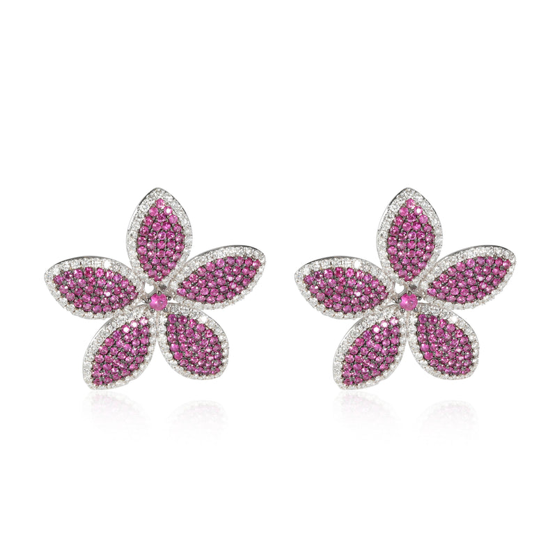 Ruby Diamond Five Petal Flower Earrings in 18K White Gold 5.75 Ctw