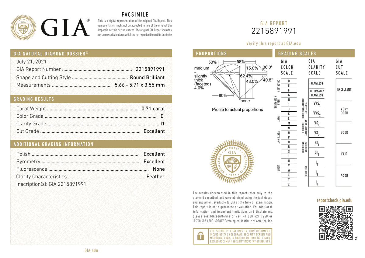 GIA Certified 0.71 Ct Round cut E I1 Loose Diamond