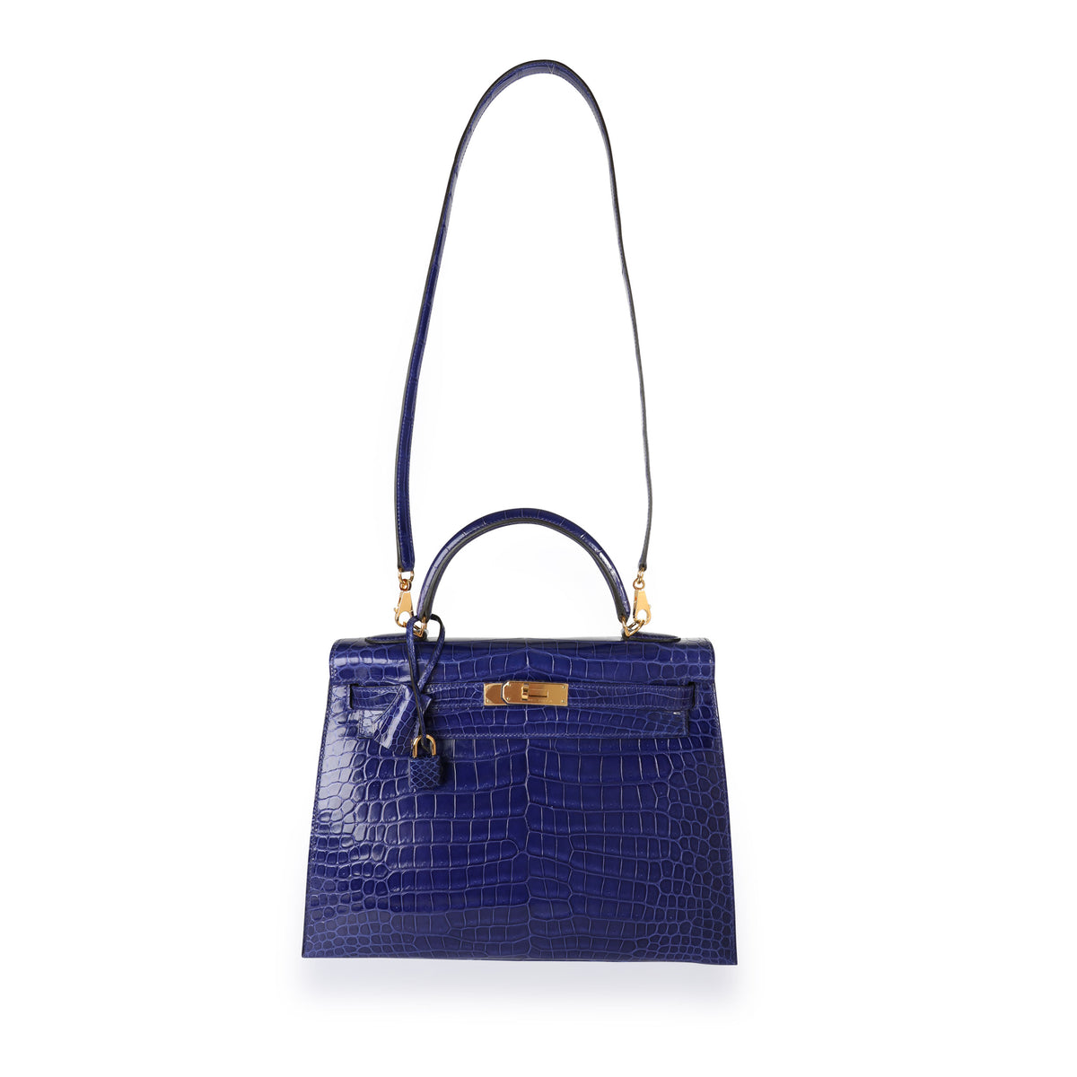 Bleu Électrique Shiny Porosus Crocodile Sellier Kelly 32 GHW