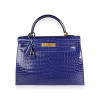 Bleu Électrique Shiny Porosus Crocodile Sellier Kelly 32 GHW