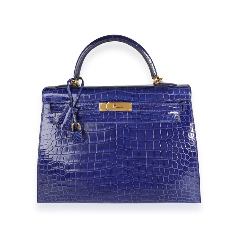 Bleu Électrique Shiny Porosus Crocodile Sellier Kelly 32 GHW