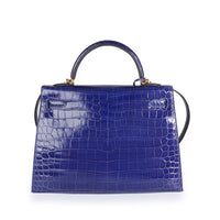 Bleu Électrique Shiny Porosus Crocodile Sellier Kelly 32 GHW