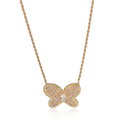 Pink & White Diamond Butterfly Necklace in 18K Yellow Gold 0.75 CTW