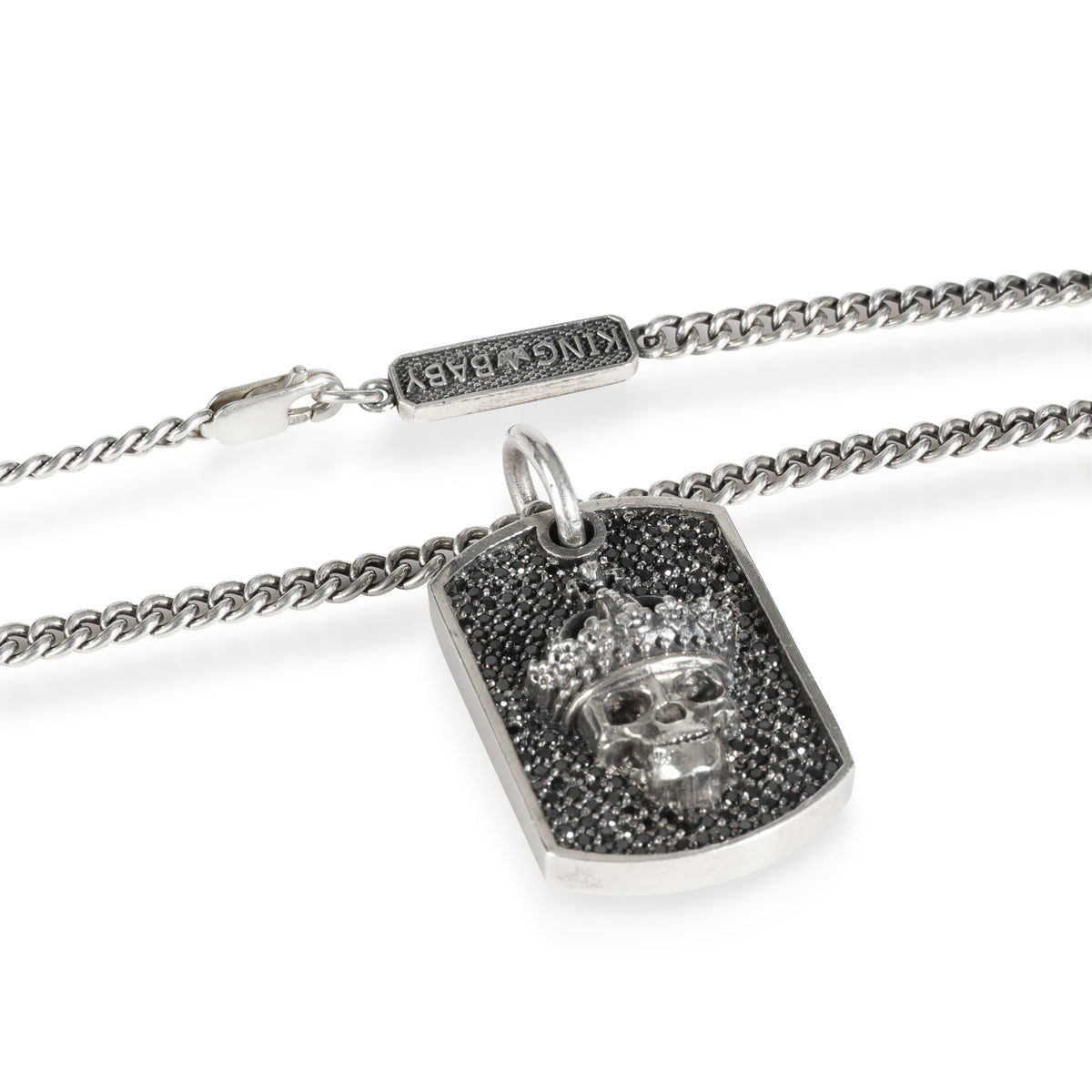 Black Diamond Small Crowned Skull Relic Dog Tag in Sterling Silver