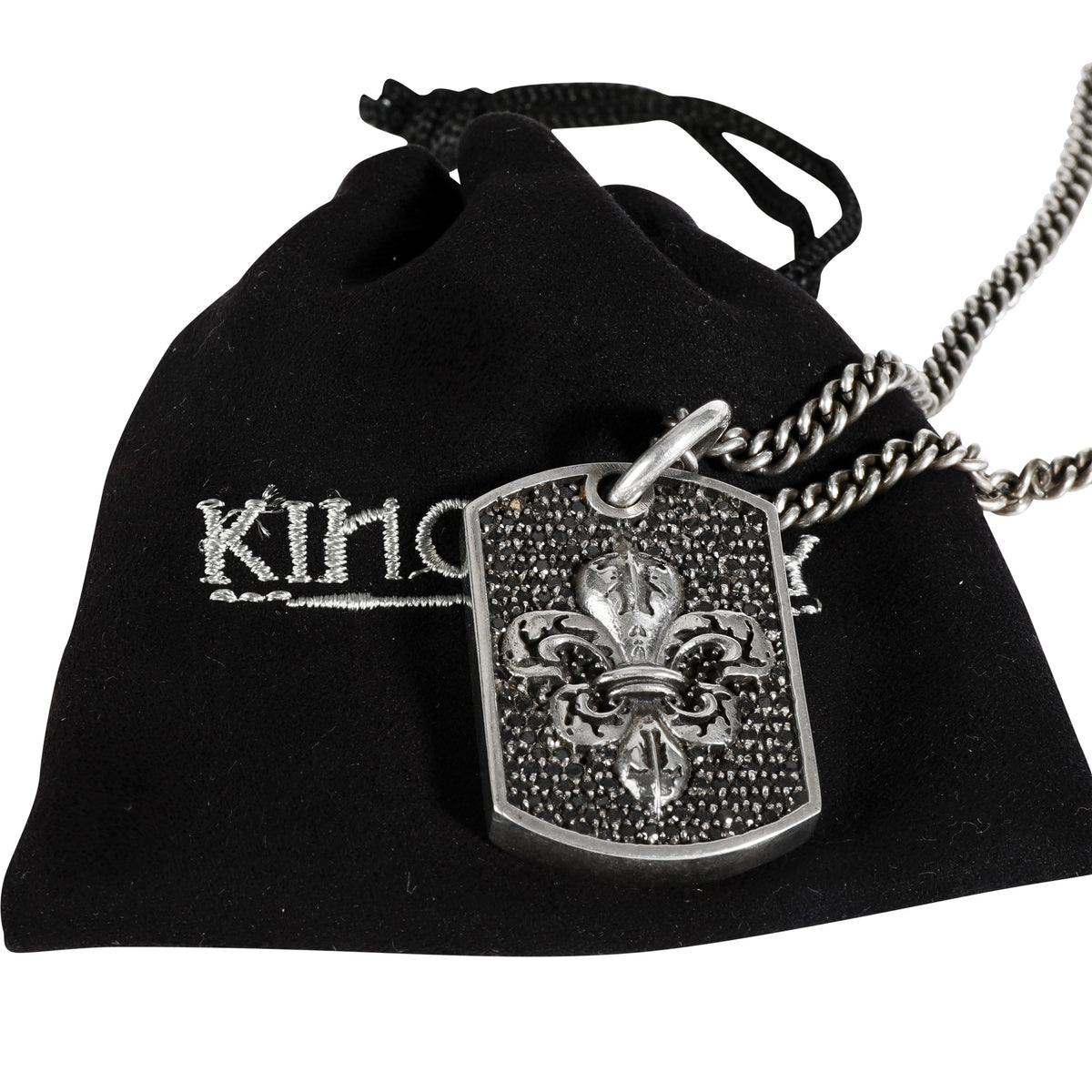 King Baby Pave Black Diamond Fleur de Lis Relic Dog Tag Pendant in Silver box