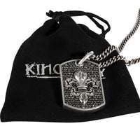 King Baby Pave Black Diamond Fleur de Lis Relic Dog Tag Pendant in Silver box