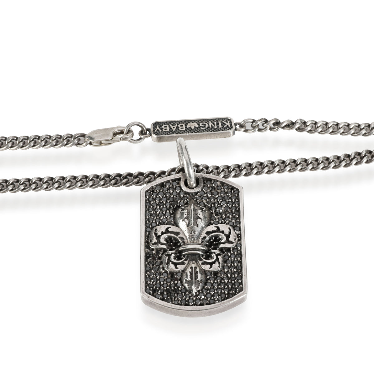King Baby Pave Black Diamond Fleur de Lis Relic Dog Tag Pendant in Silver clasp