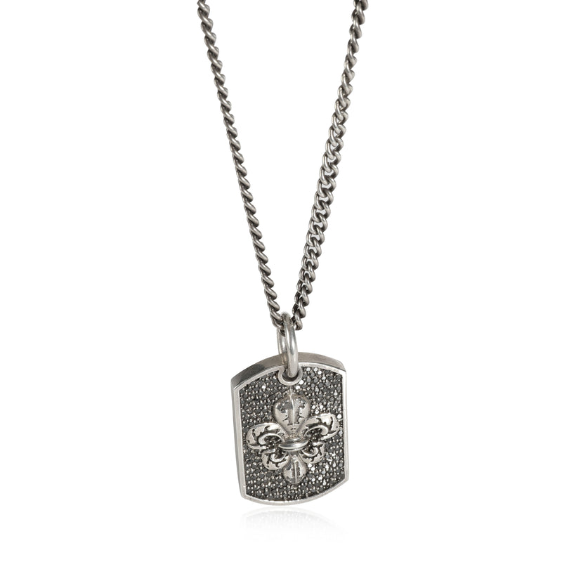 King Baby Pave Black Diamond Fleur de Lis Relic Dog Tag Pendant in Silver fv