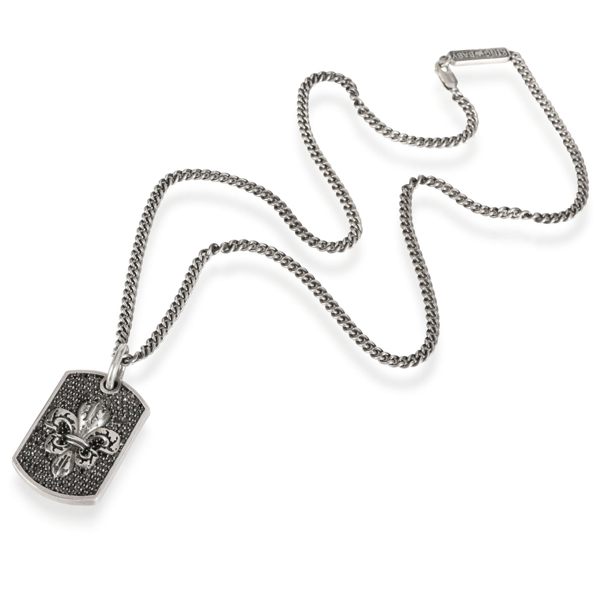 King Baby Pave Black Diamond Fleur de Lis Relic Dog Tag Pendant in Silver pv