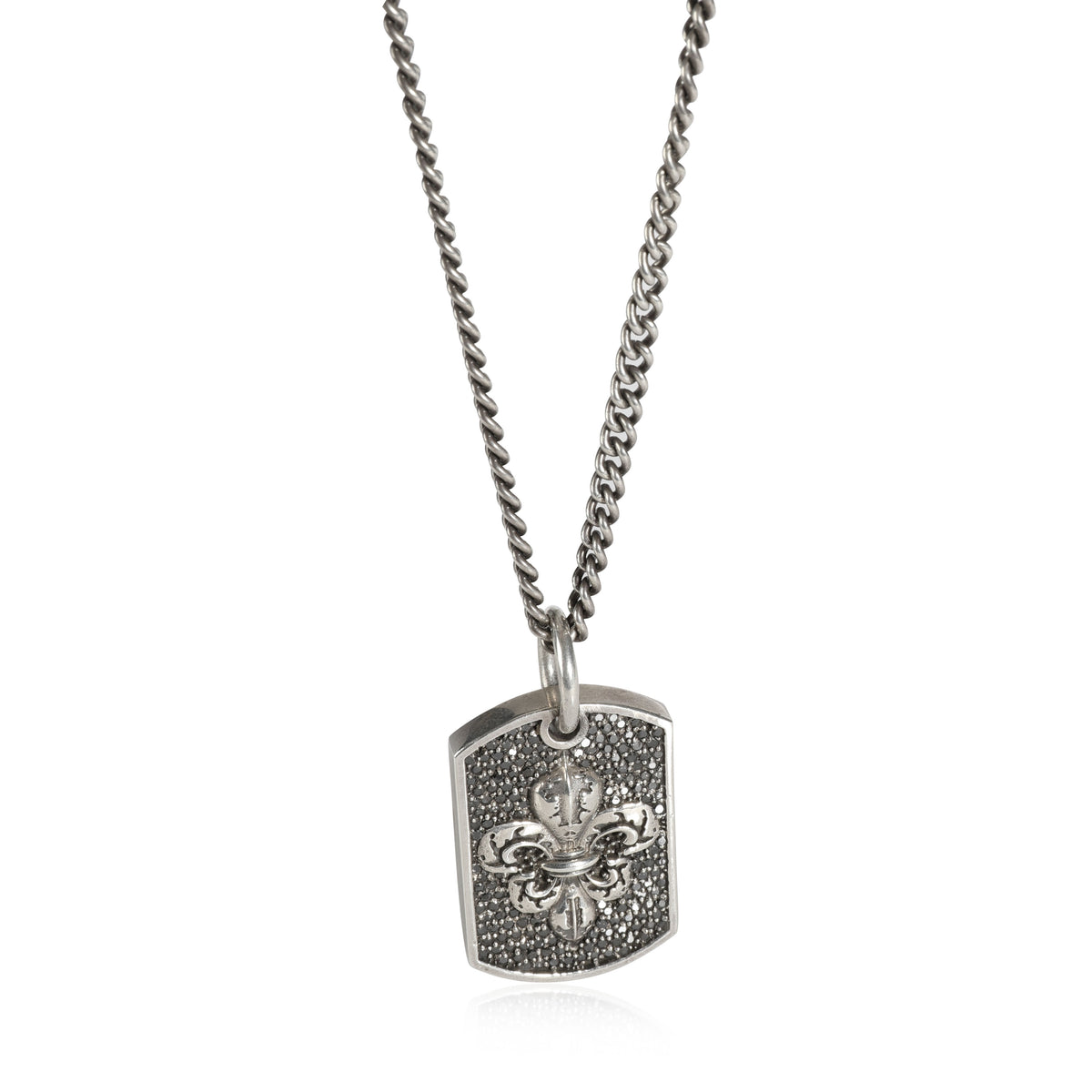 Pave Black Diamond Fleur-de-Lis Relic Dog Tag Pendant in Silver