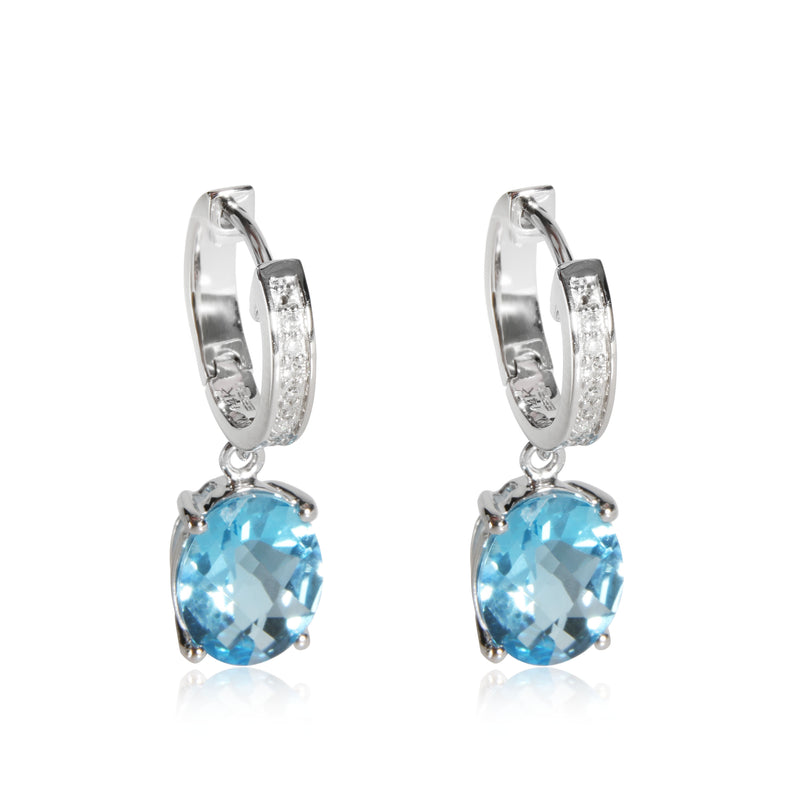 Blue Topaz & Diamond Huggie Drop Earring in 14K White Gold 0.07 CTW