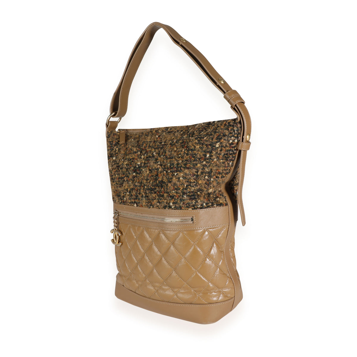 Tweed & Camel Quilted Aged Calfskin Medium Casual Style Hobo