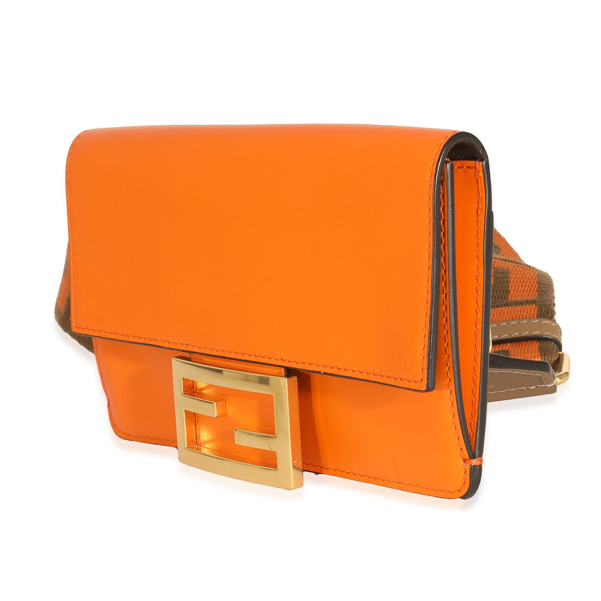 Orange Calfskin Mini Flat Baguette with Brown Strap You Strap